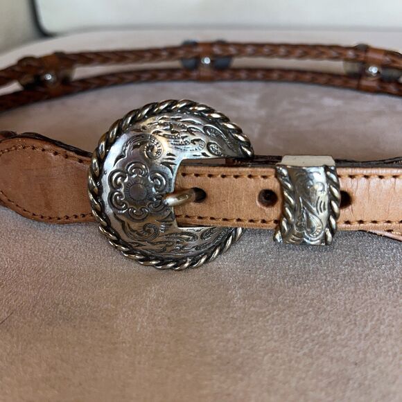 Brighton Double Braided Cowgirl Leather Belt Silver Heart Concho 71706 Size 30 - Picture 3 of 12